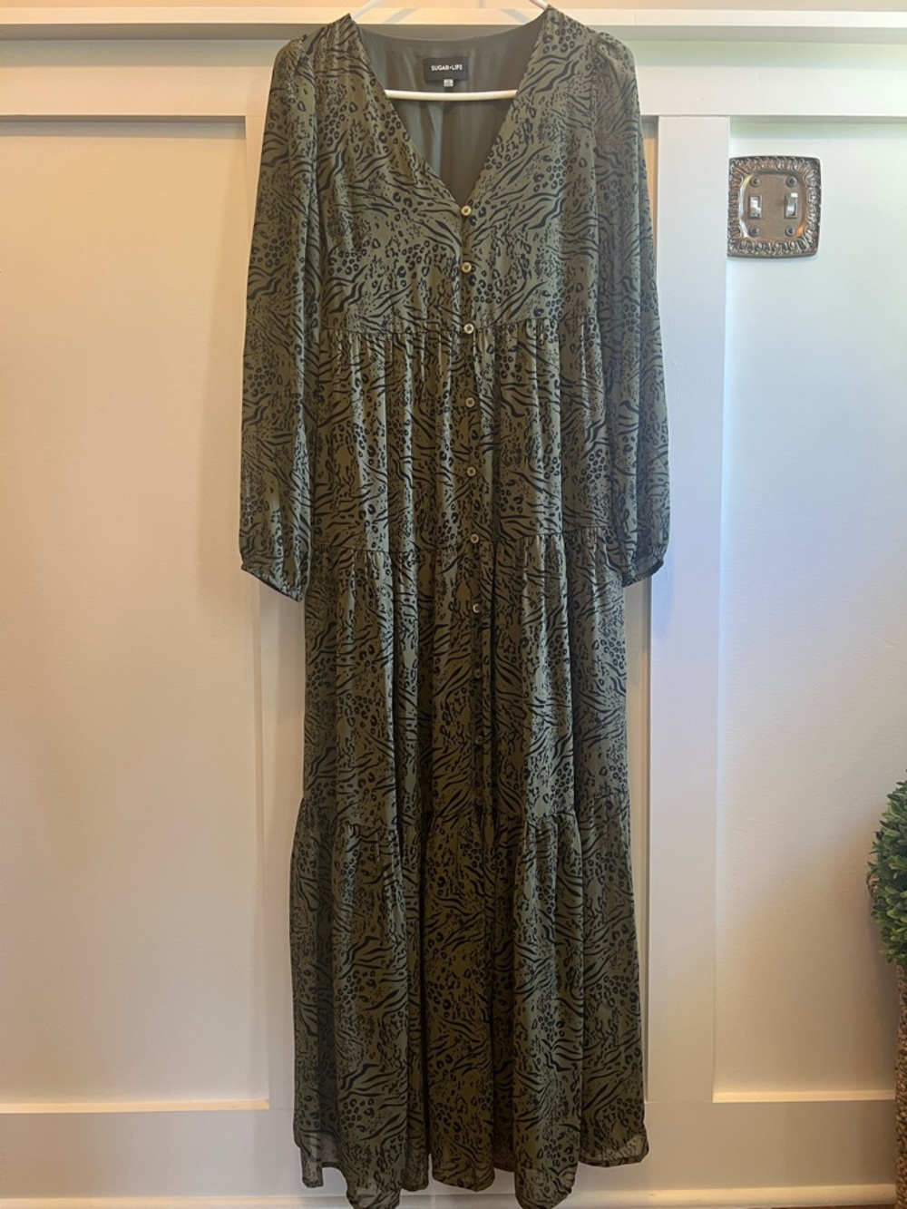 Sugarlips Olive Animal-Print Long Sleeve Tiered Maxi Dress